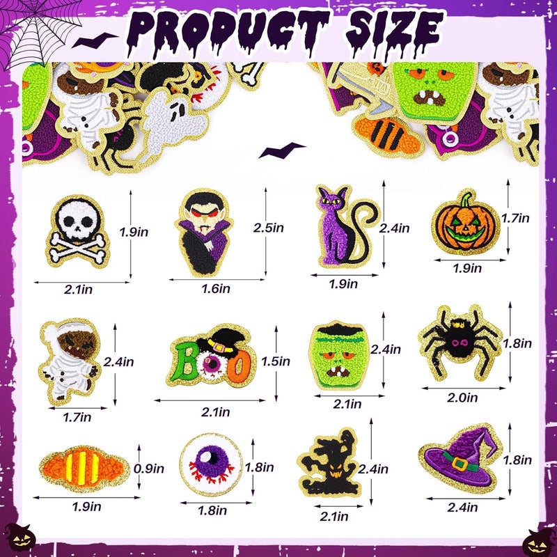 FOGWOWO 50 Pcs Halloween Patches Chenille Patches Self Adhesive Embroidered Autumn Halloween Pumpkin Ghost Skeleton Witch Hat Spider Gravestone Zombie Stick on Patch Stickers for Backpacks Hats Bags Jackets - Image 2